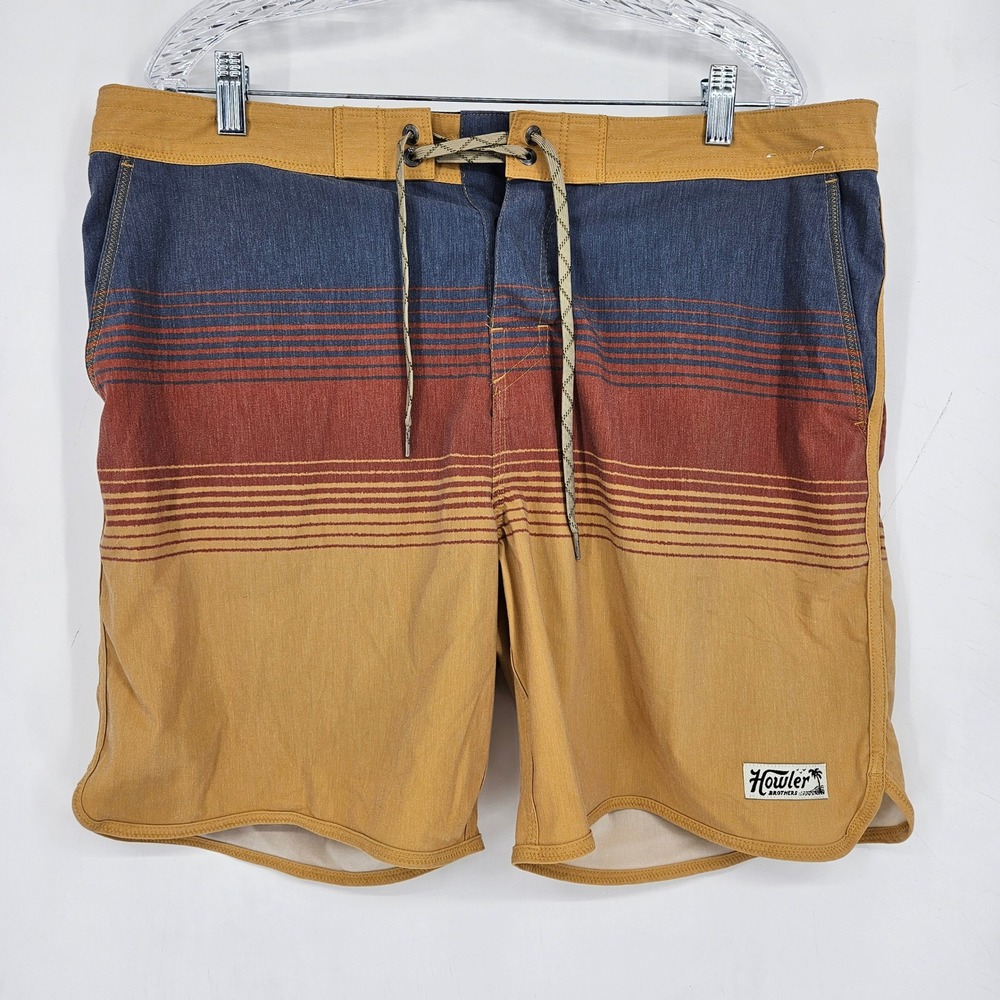 Howler Bros Board Shorts Mens 38 Stretch Bruja Striped Blue Red Yellow Hawaiian